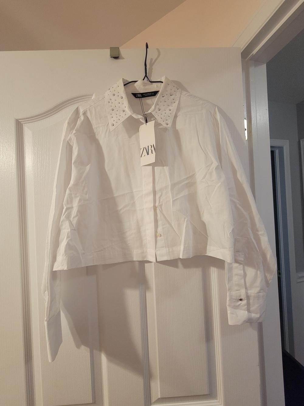 Zara White Stud-Embellished Cropped Button Down Shirt